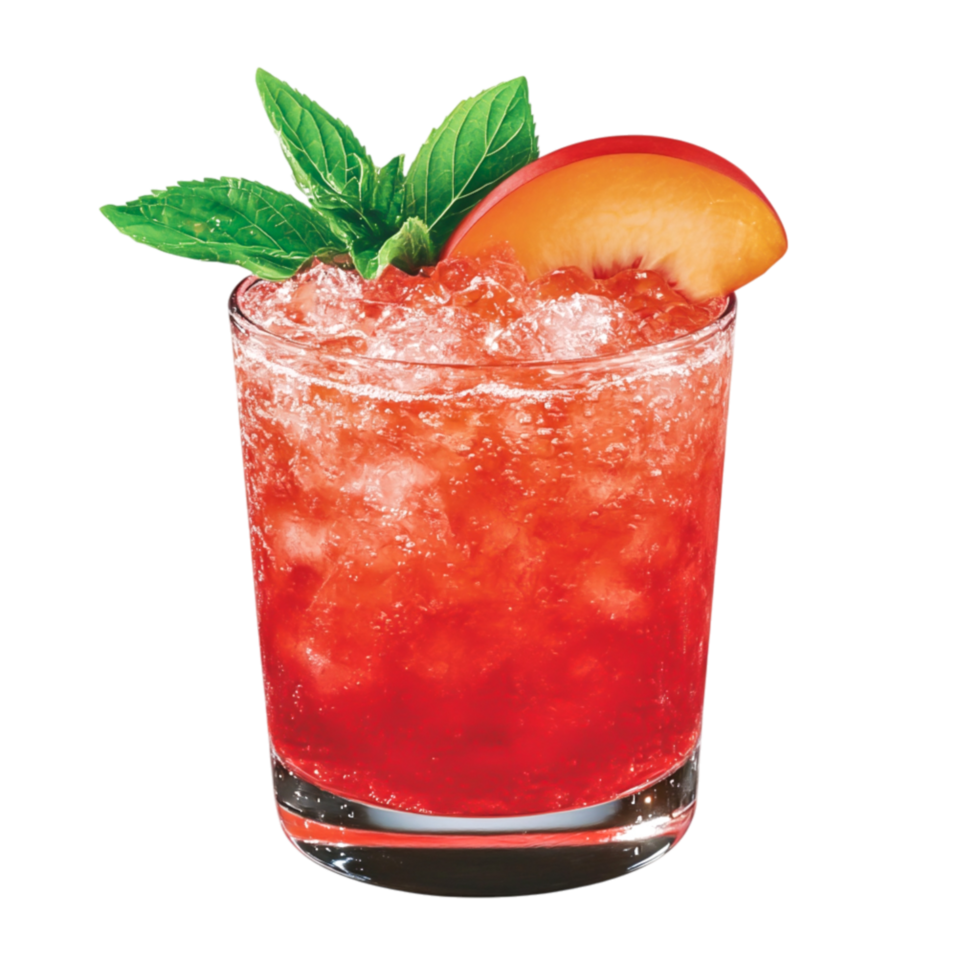 Refreshing Red Summer Cocktail with Peach Slice and Mint Garnish png
