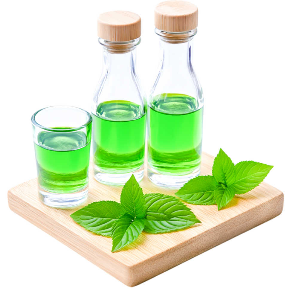 Green Herbal Essence in Glass Bottles with Mint Leaves on Wooden Board png