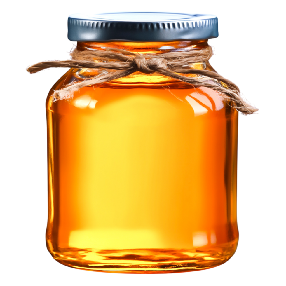 Glass Jar of Golden Honey with Twine Bow and Silver Lid on png
