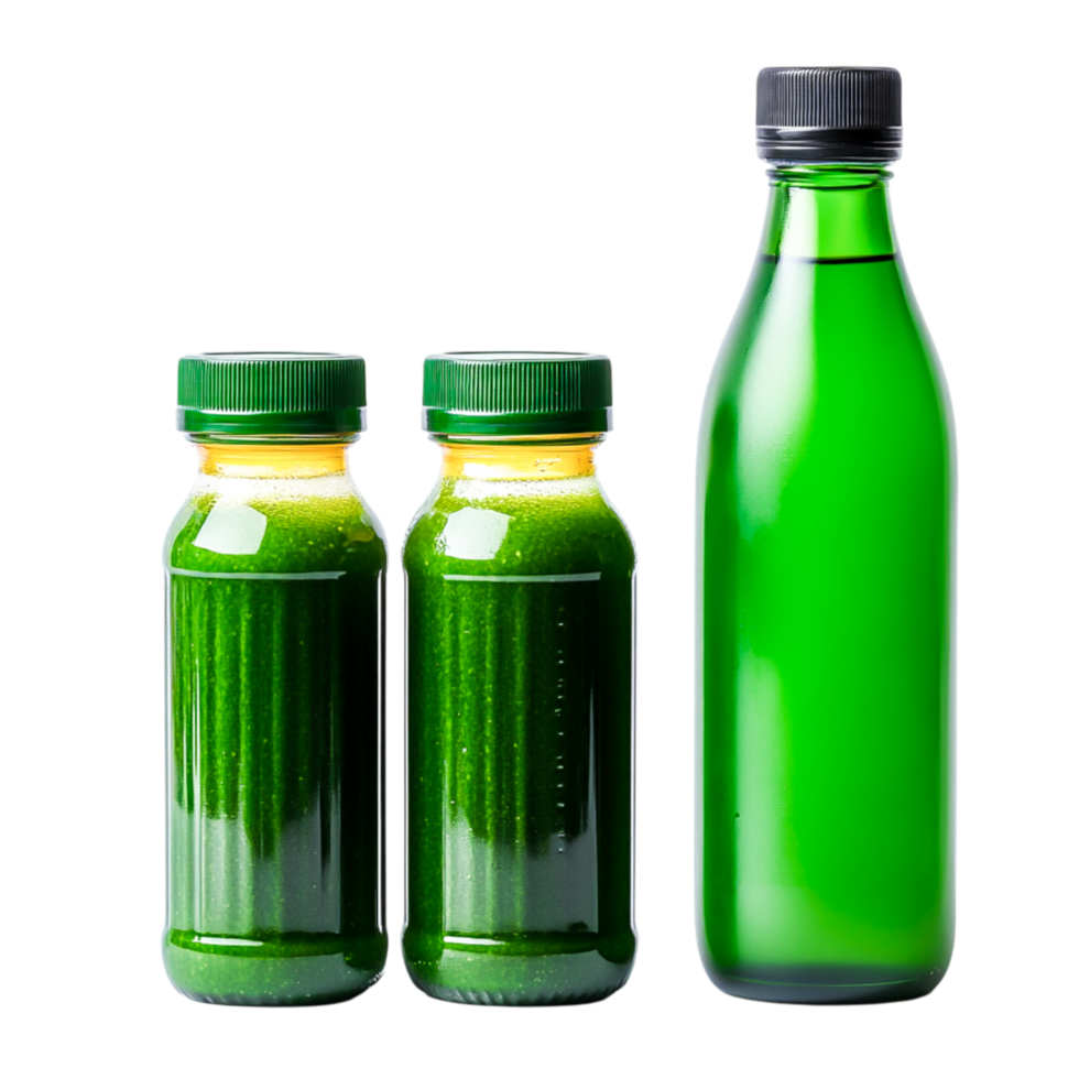 Green health drink bottles with fresh ingredients and vibrant color display png