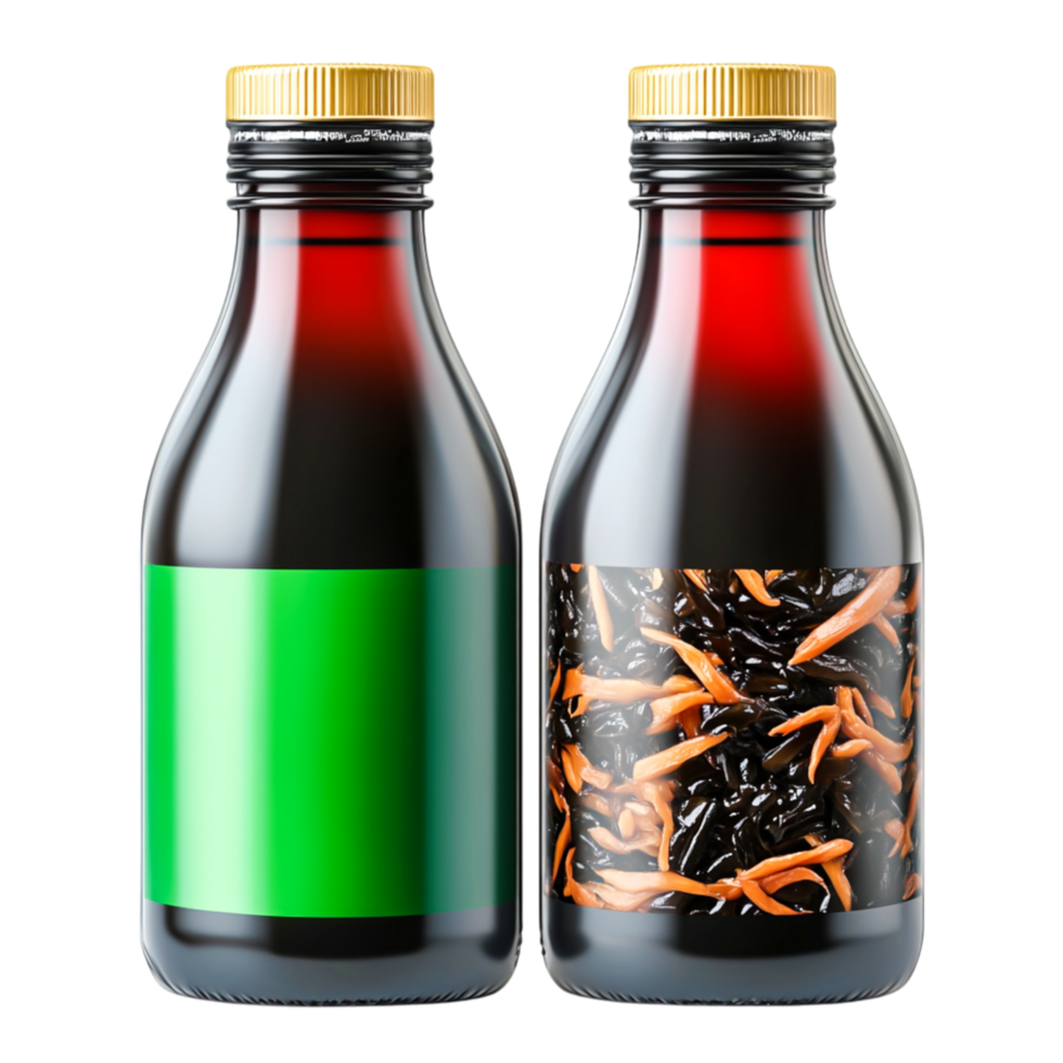 Glass Bottles with Green Label and Black Ingredients on png