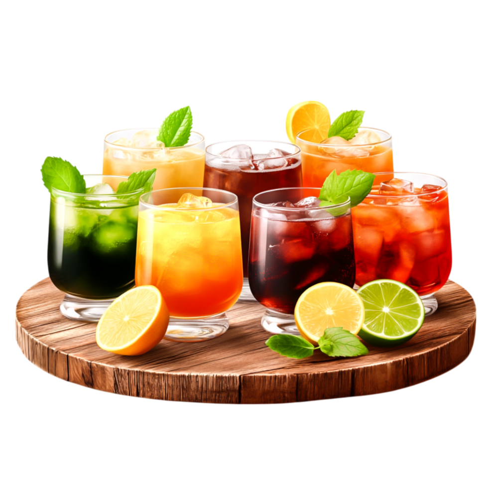 Colorful Variety of Refreshing Drinks Arranged Wooden Platter png