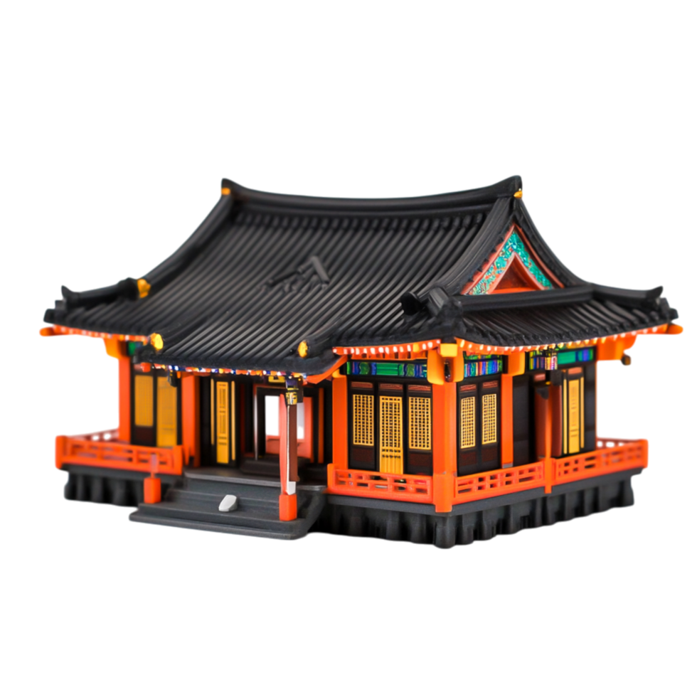 Traditional Asian Architectural Model with Colorful Details and Sloped Roof png