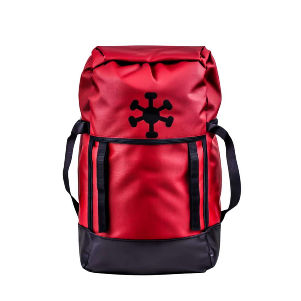 Stylish Red Backpack with Unique Black Design for Outdoor Adventures png