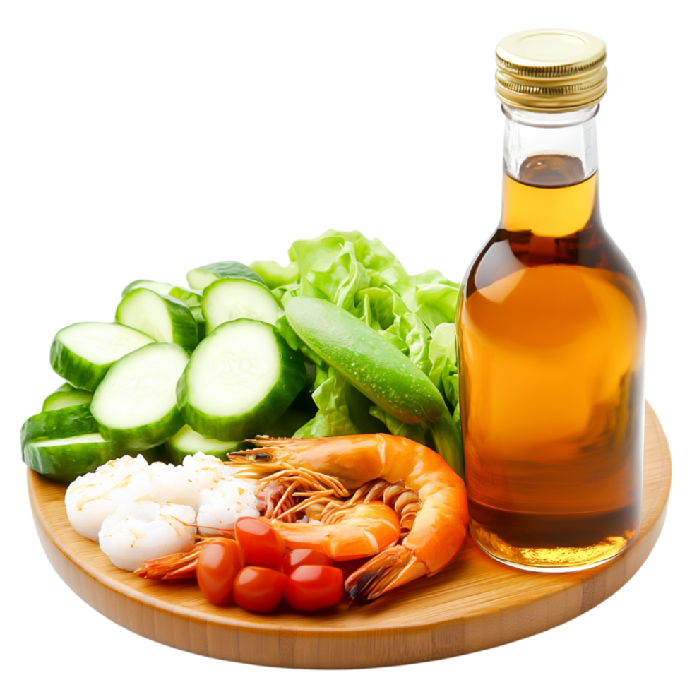 Fresh Ingredients for Salad Preparation with Shrimp and Olive Oil png