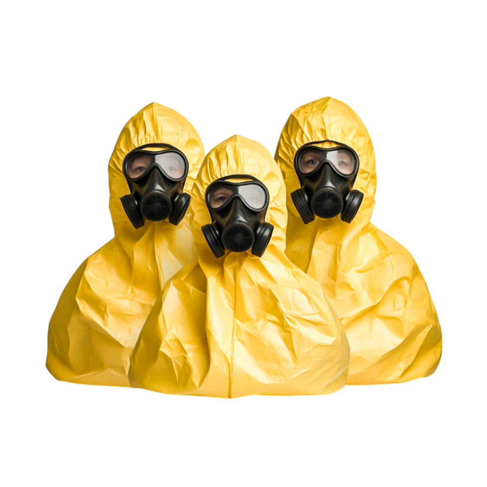 Three Individuals in Yellow Hazmat Suits with Gas Masks in Studio Setting png