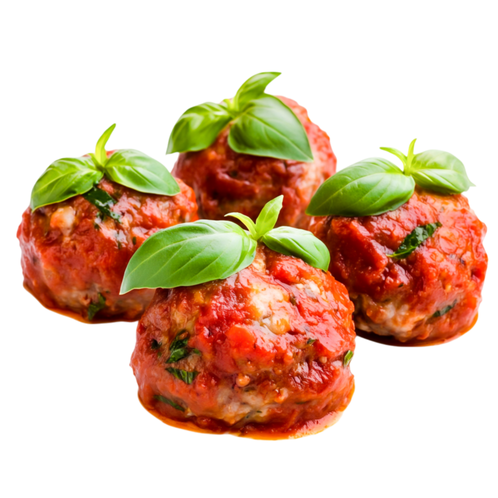 Delicious Homemade Meatballs with Fresh Basil and Tomato Sauce Garnish png
