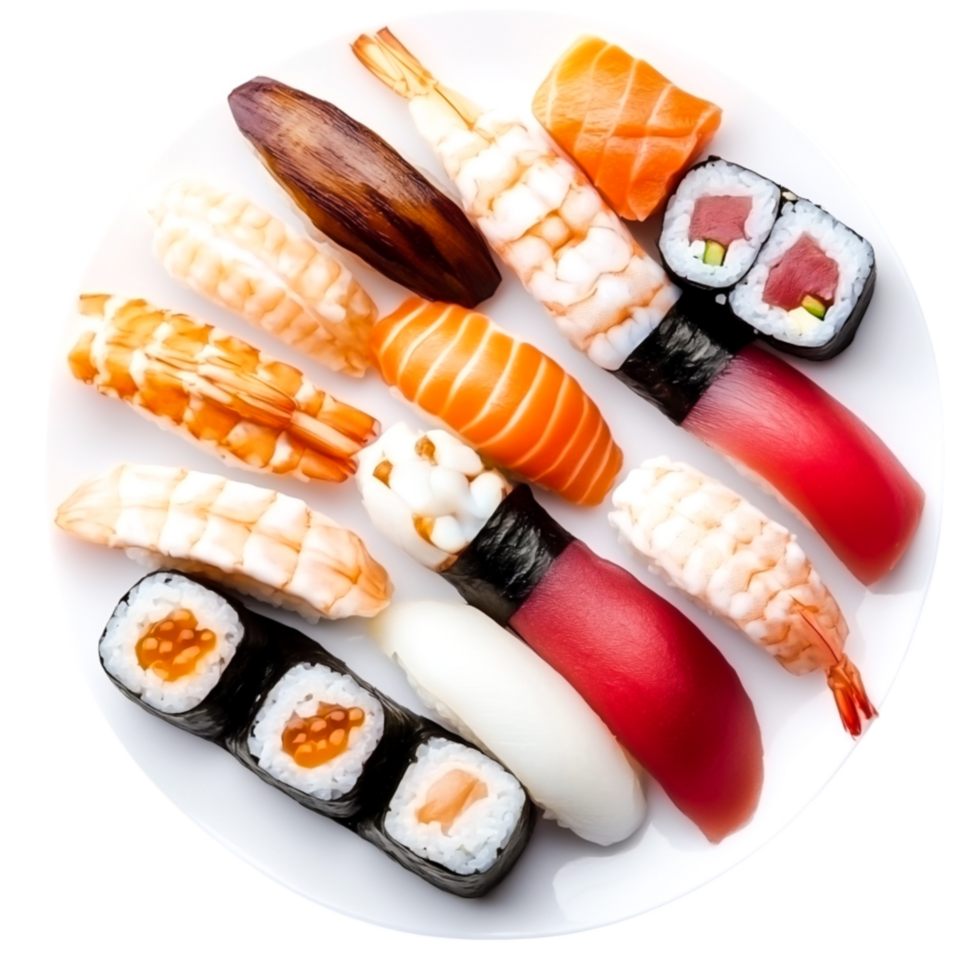 Delicious Variety of Colorful Sushi Platter Circular Plate png
