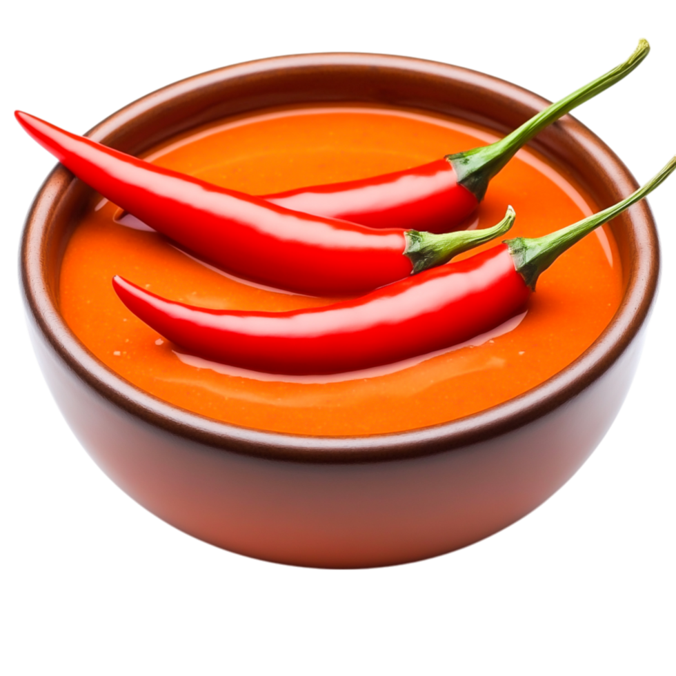 Fresh Red Chili Peppers in Spicy Sauce in Brown Bowl on png