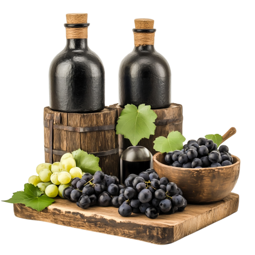 Rustic Still Life with Bottles, Grapes, and Wooden Barrel Table Setting png