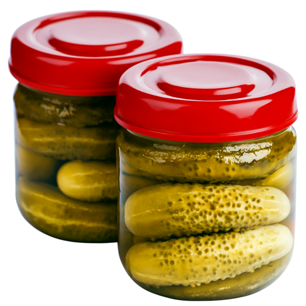 Fresh Pickles in Glass Jars with Red Lids on png