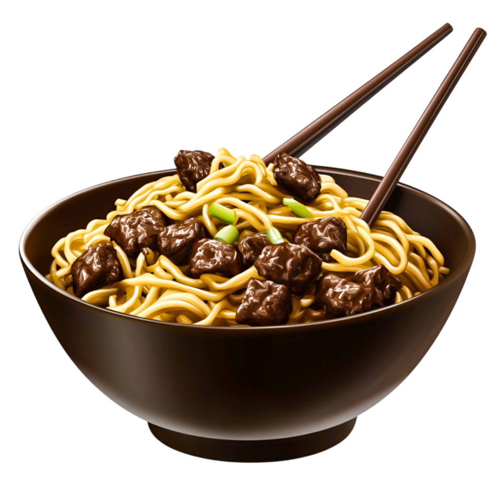 Delicious noodle bowl with savory beef in a rich sauce and chopsticks png