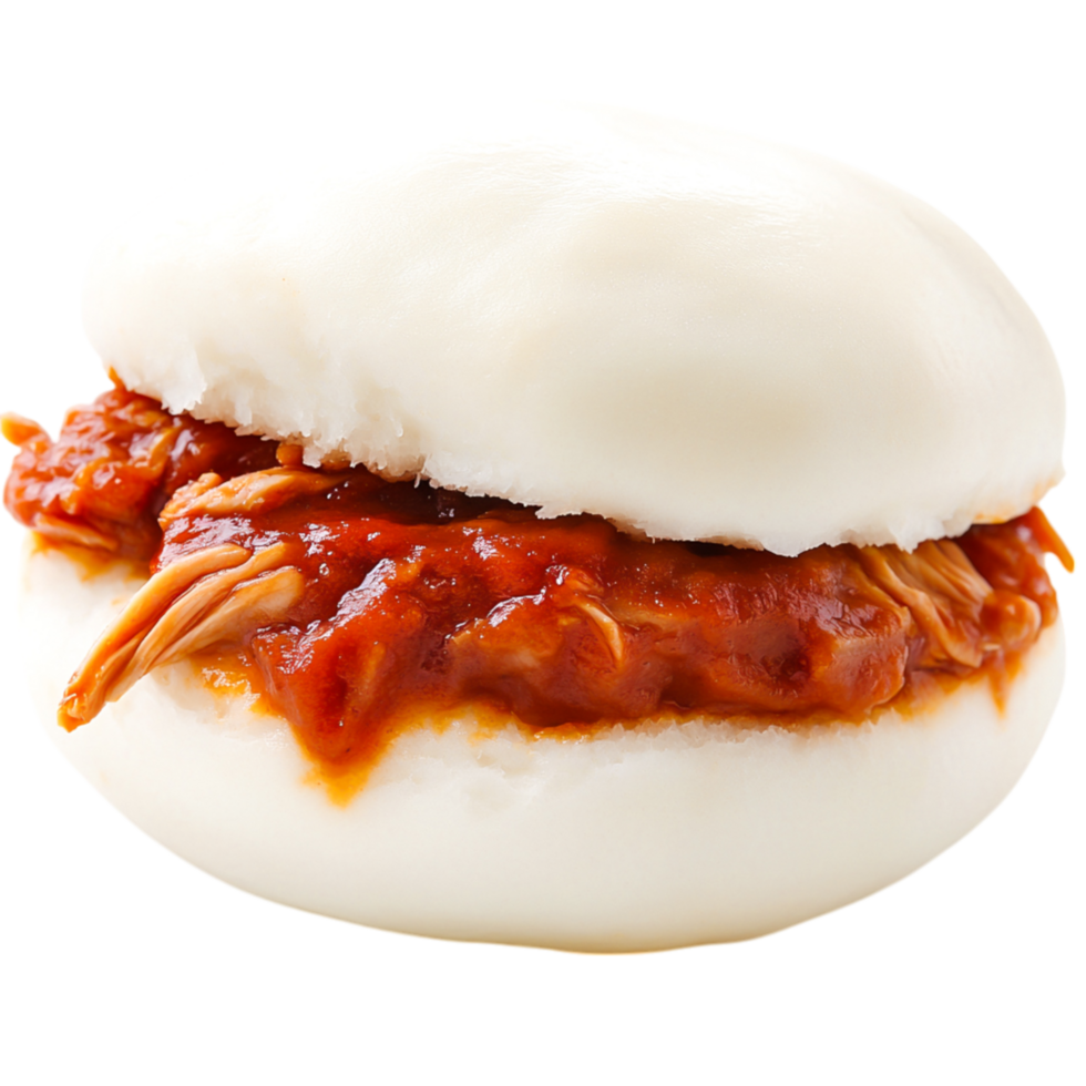 closeup of Steamed Bun Filled with Savory Chicken and Spicy Sauce png