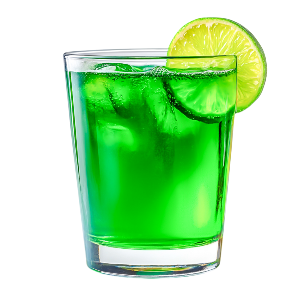 Vibrant Green Drink with Ice and Lime Slice Bright Background png