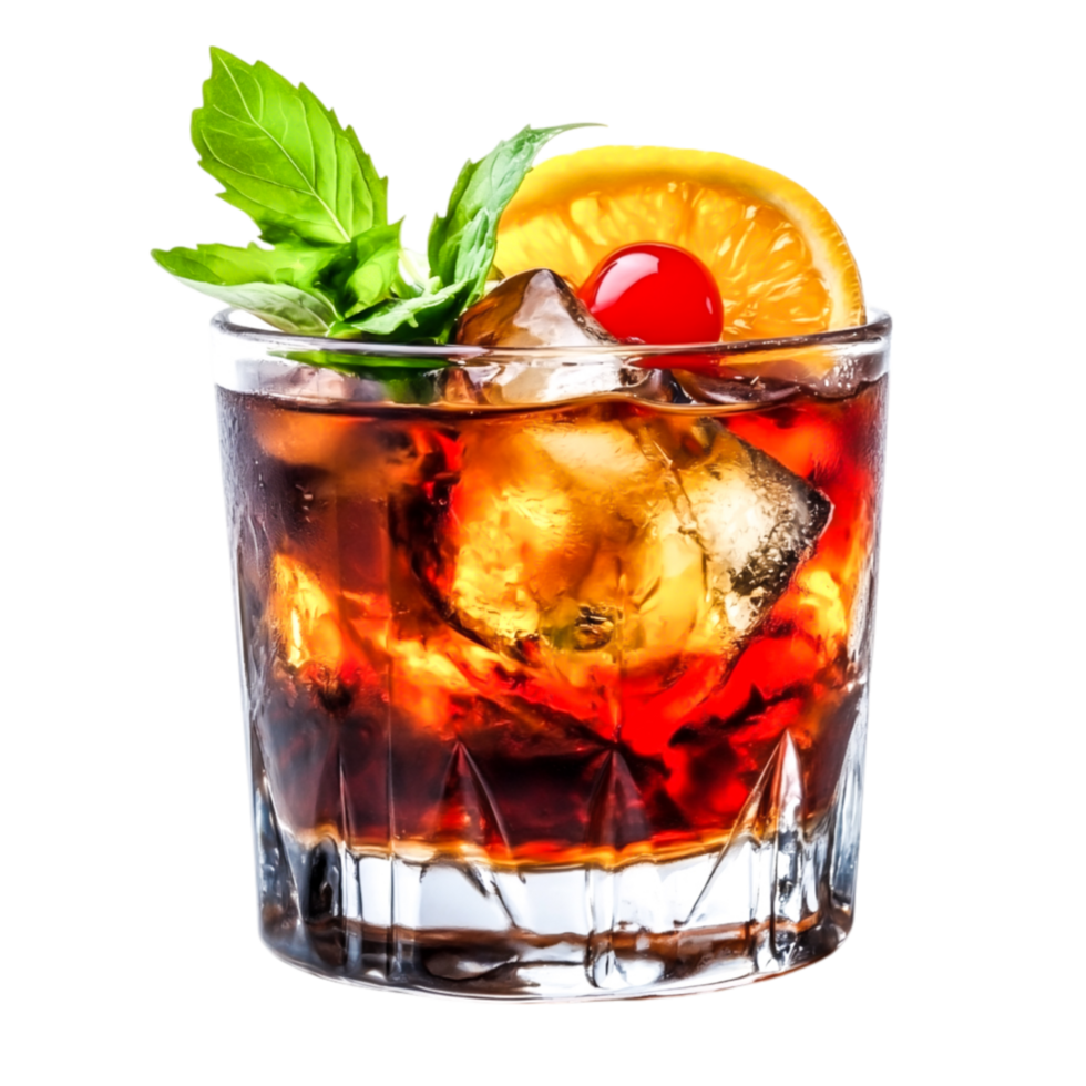Refreshing Cocktail with Ice, Cherry, Mint, and Orange Garnish in Glass png