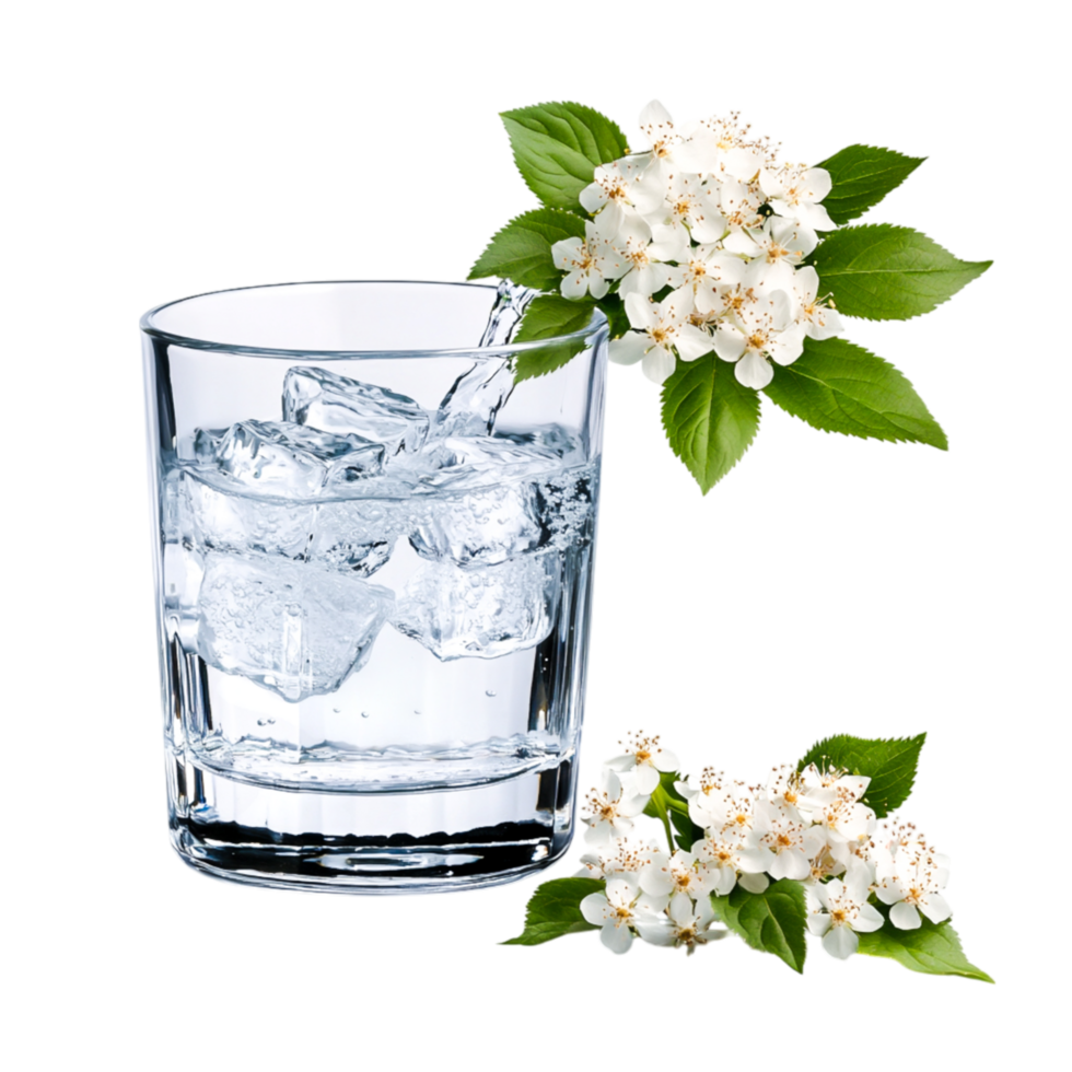 Fresh Cold Water with Ice Cubes Surrounded by Blooming White Flowers png