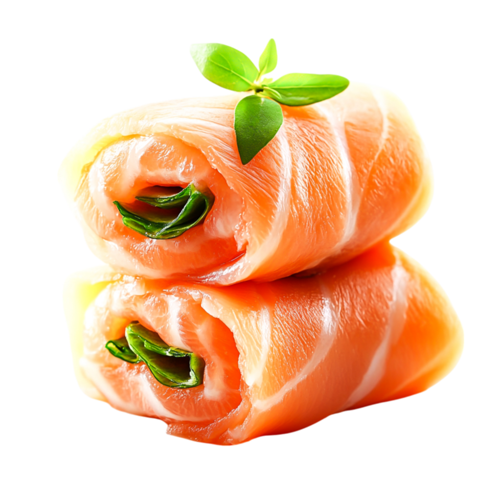 Fresh Salmon Rolls with Green Spinach and Garnish on png