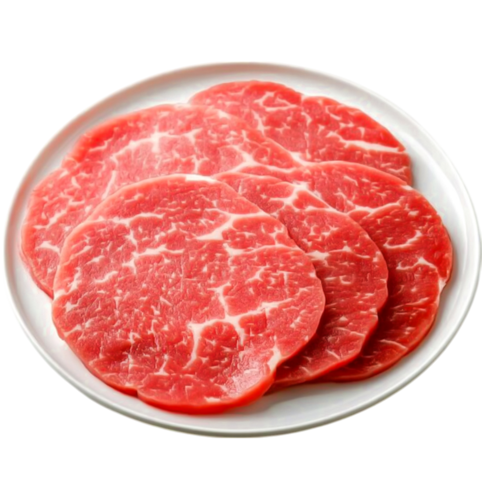 Fresh Raw Sliced Beef Meat on White Plate for Cooking and Recipes png