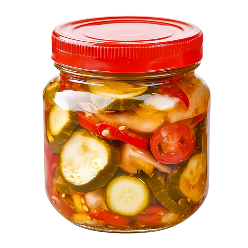 Freshly Pickled Vegetables in Glass Jar with Red Lid and Colorful Mixture png