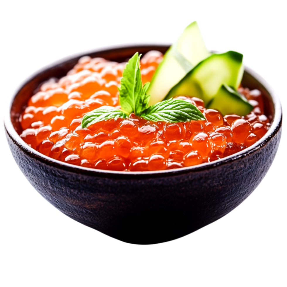 Fresh Salmon Roe with Garnish in a Dark Bowl png