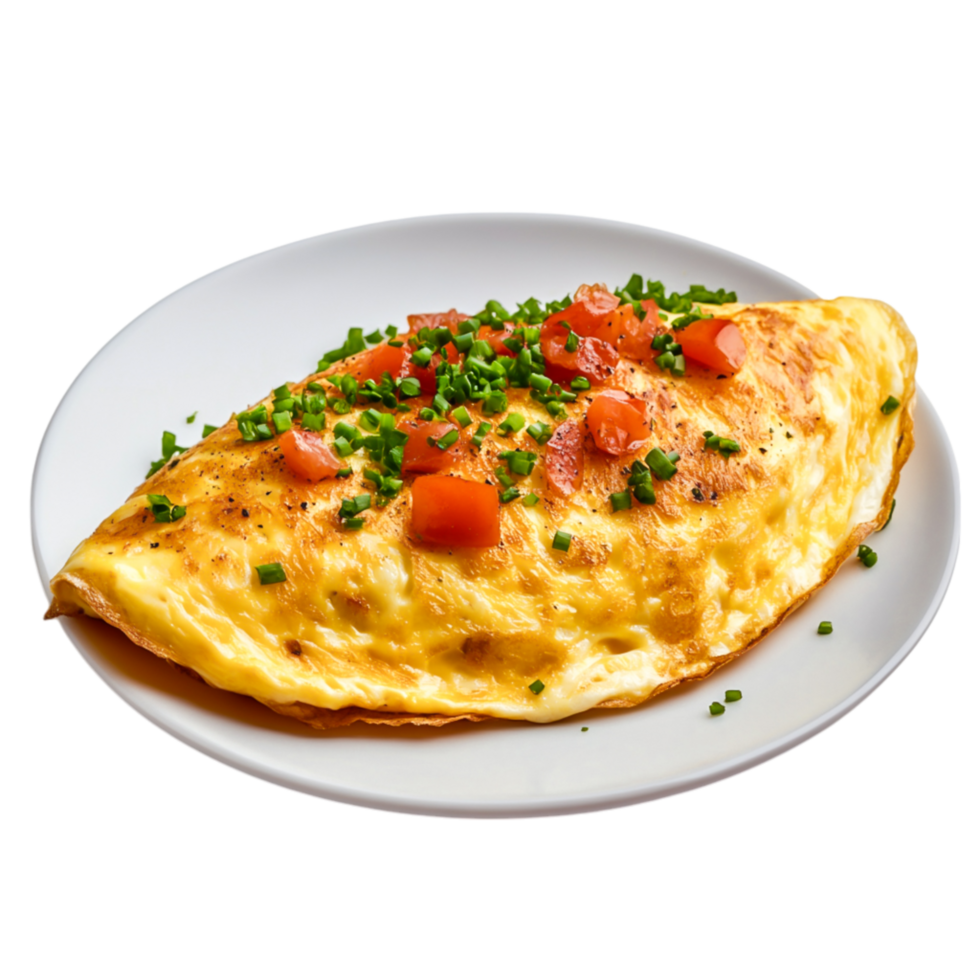 Delicious Omelet Garnished with Chopped Tomatoes and Fresh Chives on Plate png
