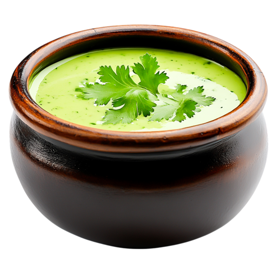 Fresh Herb Sauce in Rustic Bowl with Garnish of Green Coriander Leaves png