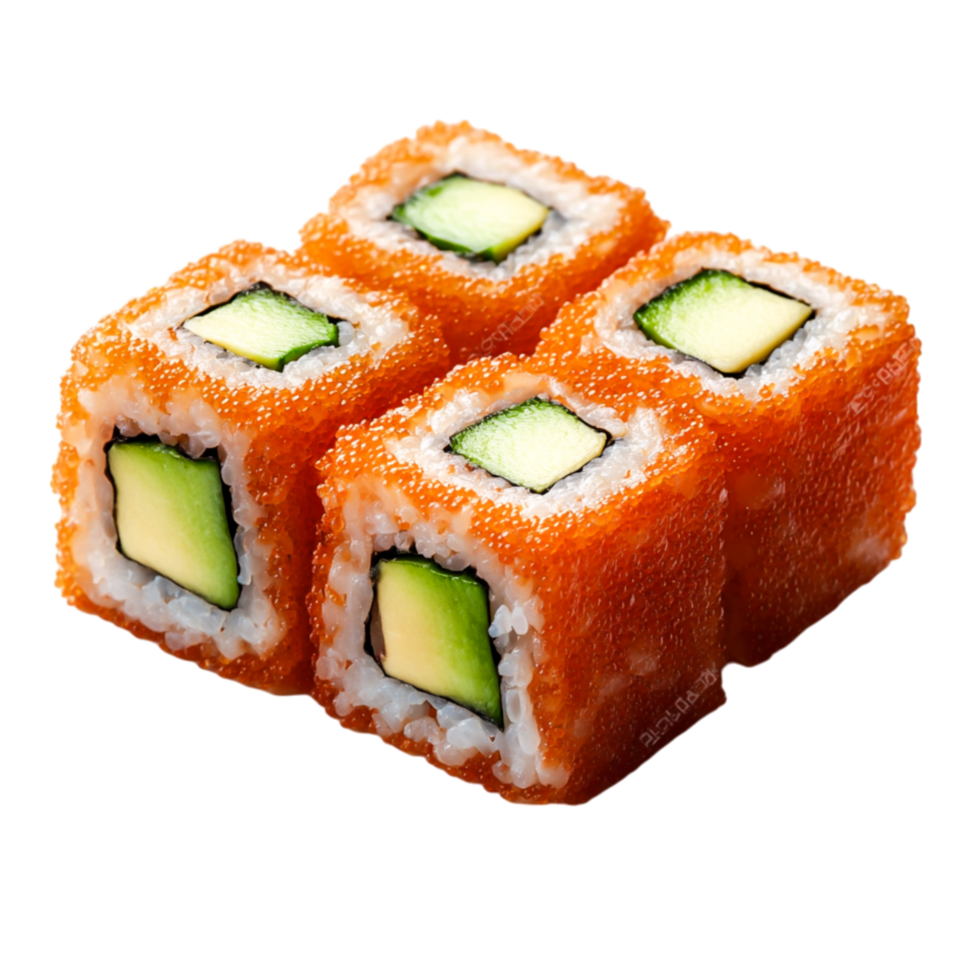 Fresh Sushi Rolls with Avocado and Salmon Roe Garnish on png