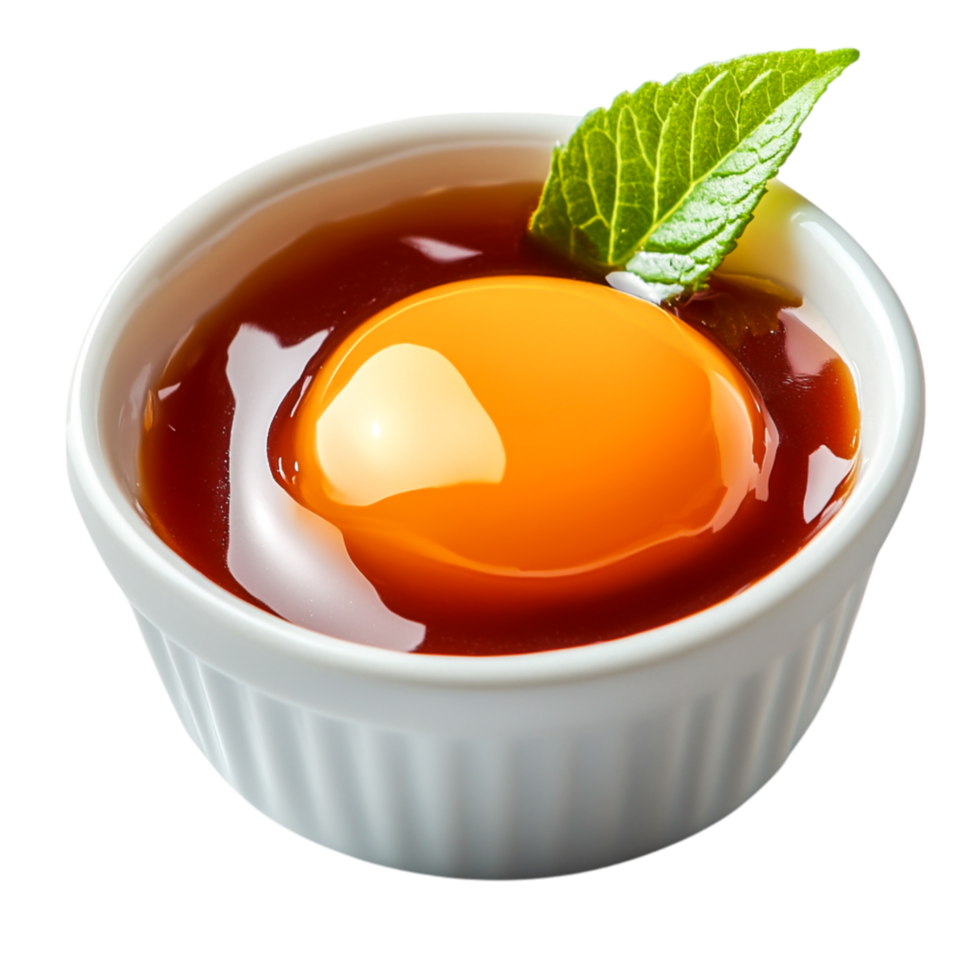 Egg Yolk in Soy Sauce with Mint Leaf Garnish in White Bowl png