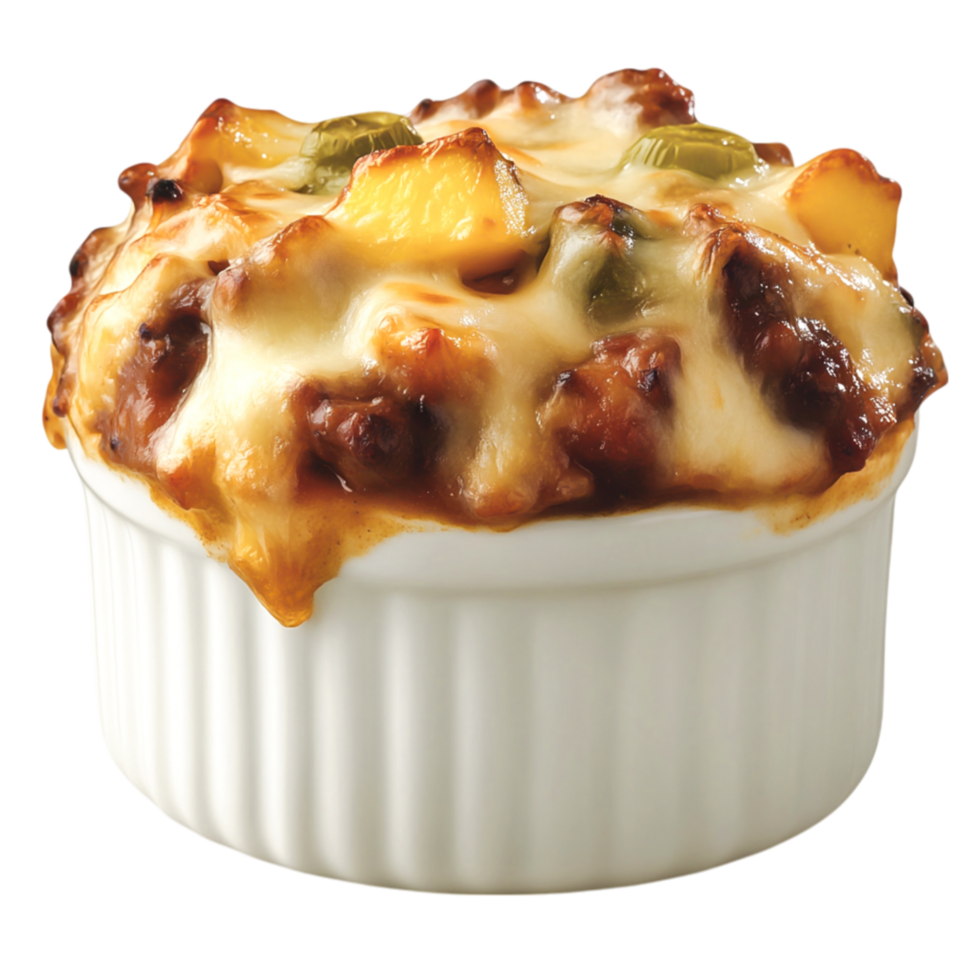 Delicious Baked Casserole with Melted Cheese and Colorful Vegetable Toppings png