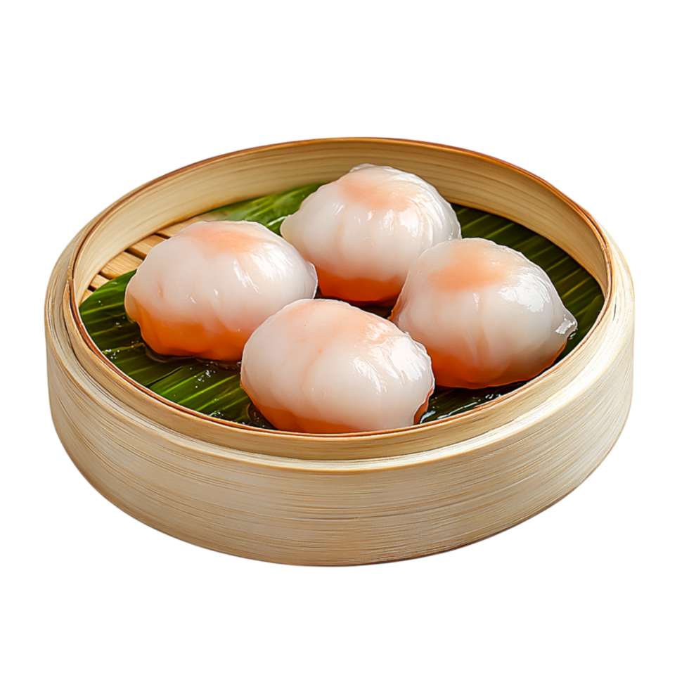 Fresh steamed dumplings served in bamboo basket banana leaf png