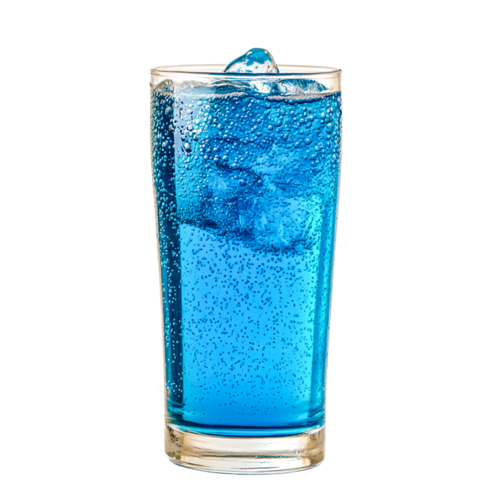 Refreshing Blue Drink With Ice Cubes in Clear Glass Against png