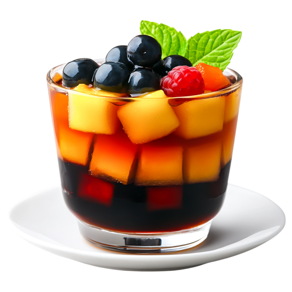 Fresh Fruit Cocktail in Glass with Colorful Cubes and Mint Garnish png