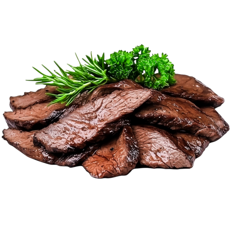 Deliciously Cooked Beef Slices Garnished with Fresh Herbs on png