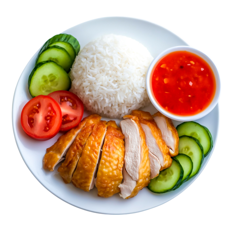 Delicious Plate of Steamed Chicken with Rice and Fresh Vegetables png