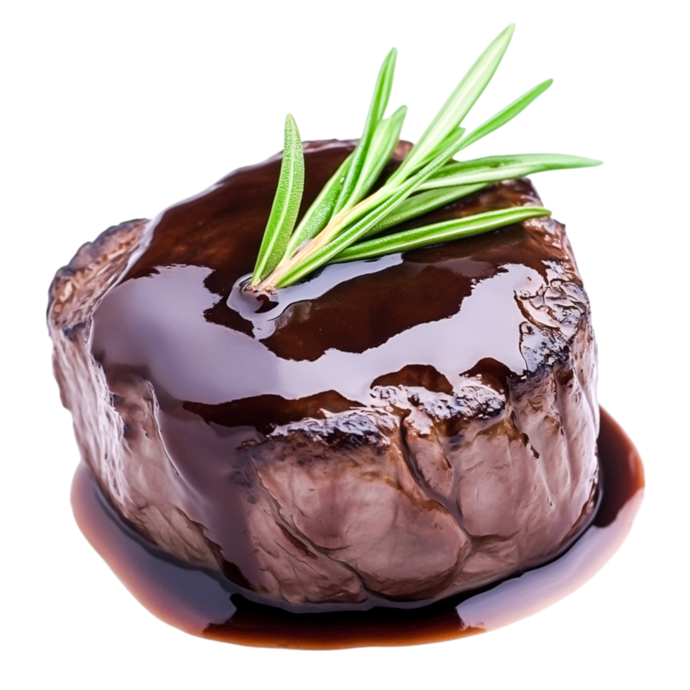 Juicy Grilled Steak with Glaze and Fresh Rosemary Garnish on png