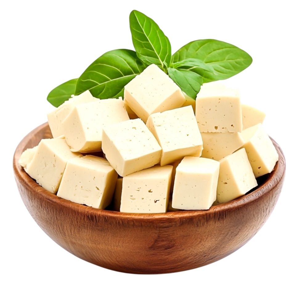 Fresh Soft Tofu Cubes on Wooden Bowl with Green Basil Leaves Decoration png