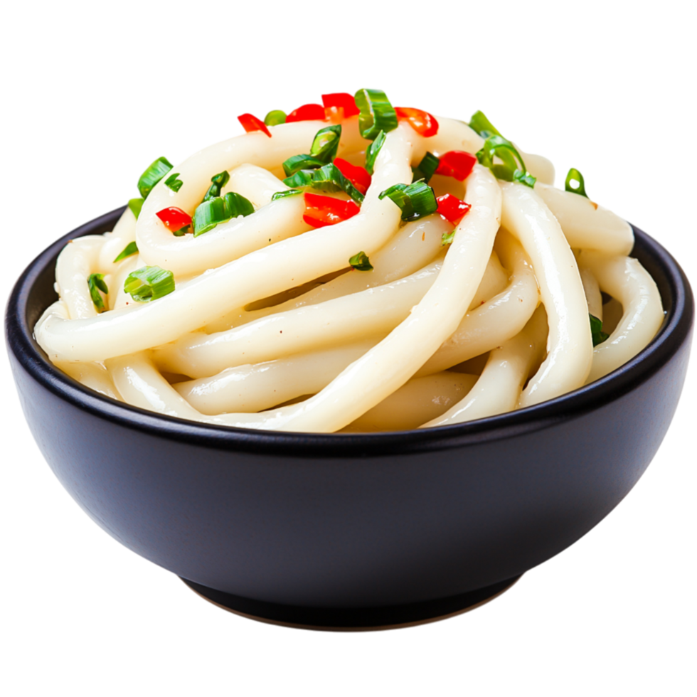 Freshly Prepared Udon Noodles with Chopped Green Onions and Chili Peppers png