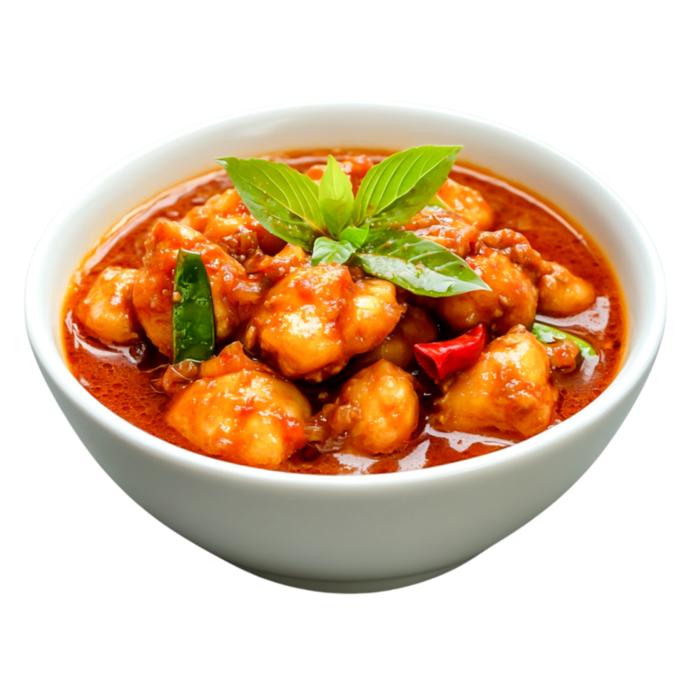 Spicy Asian Cuisine with Tofu and Fresh Basil in Circular White Bowl png