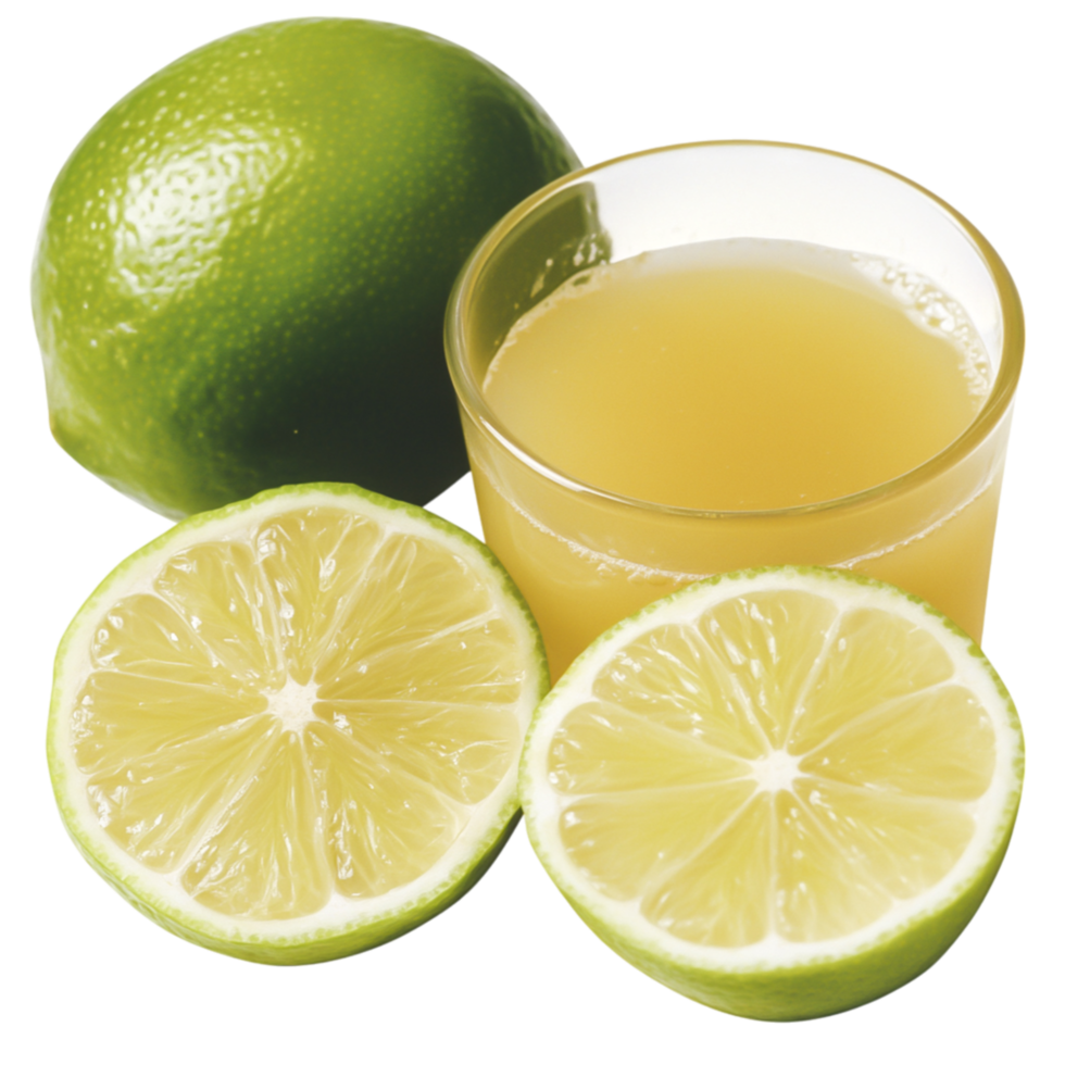 Fresh Lime with Juice in Glass and Sliced Green Citrus Fruit Display png