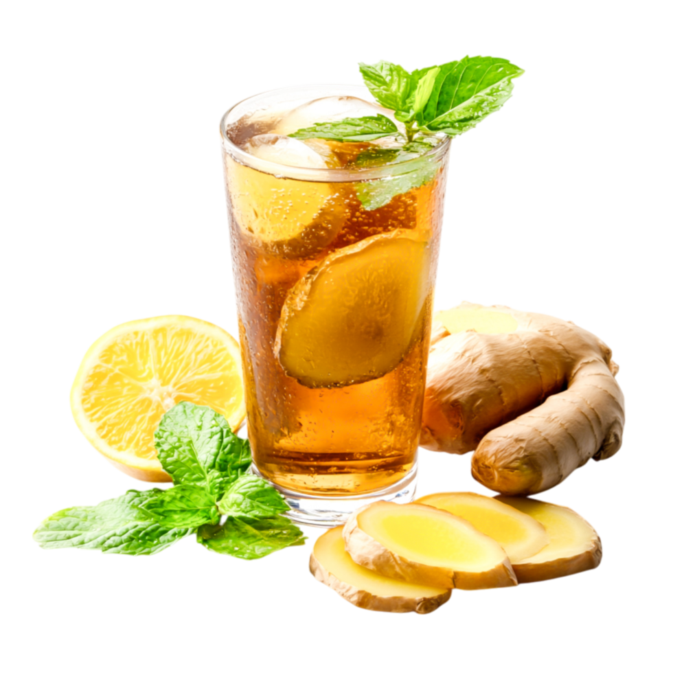 Refreshing Beverage Garnished with Lemon, Mint, and Ginger png