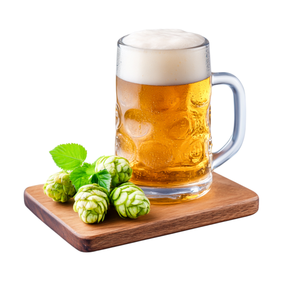 Refreshing Beer Mug with Hops and Green Leaves on Wooden Coaster png