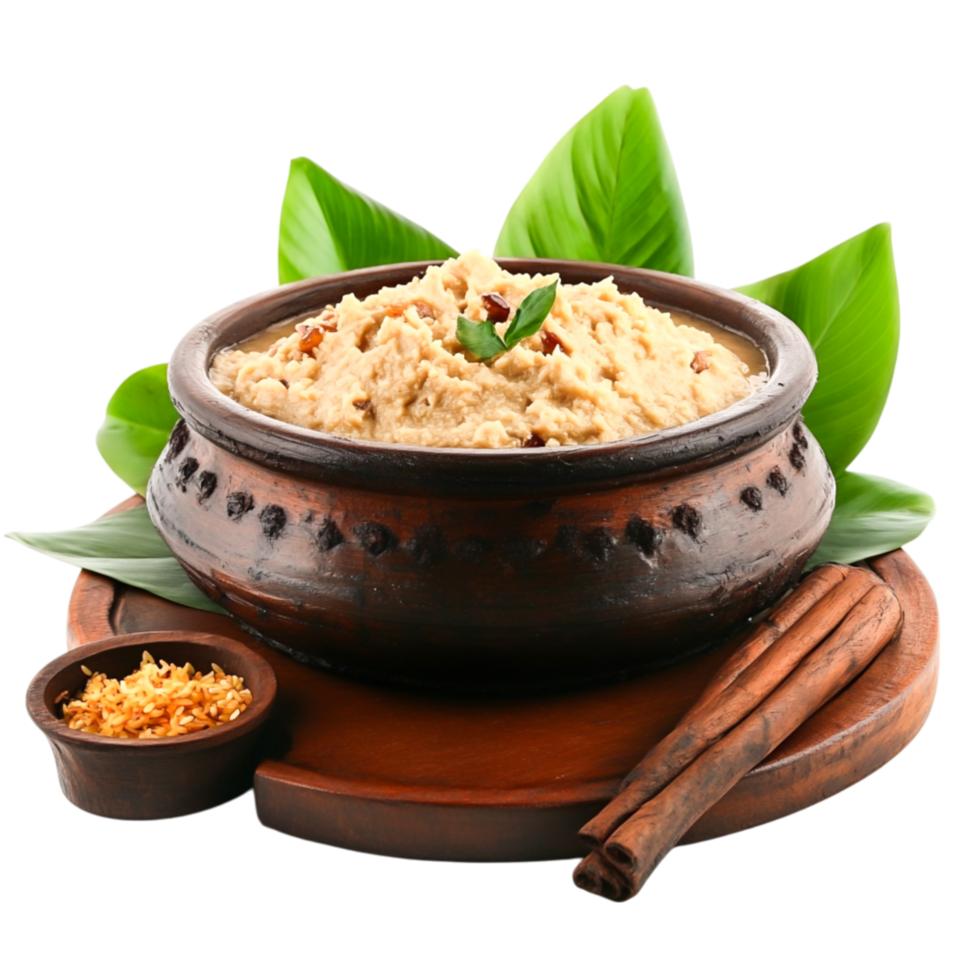 Traditional Clay Pot with Creamy Food Garnished with Leaves and Spices png