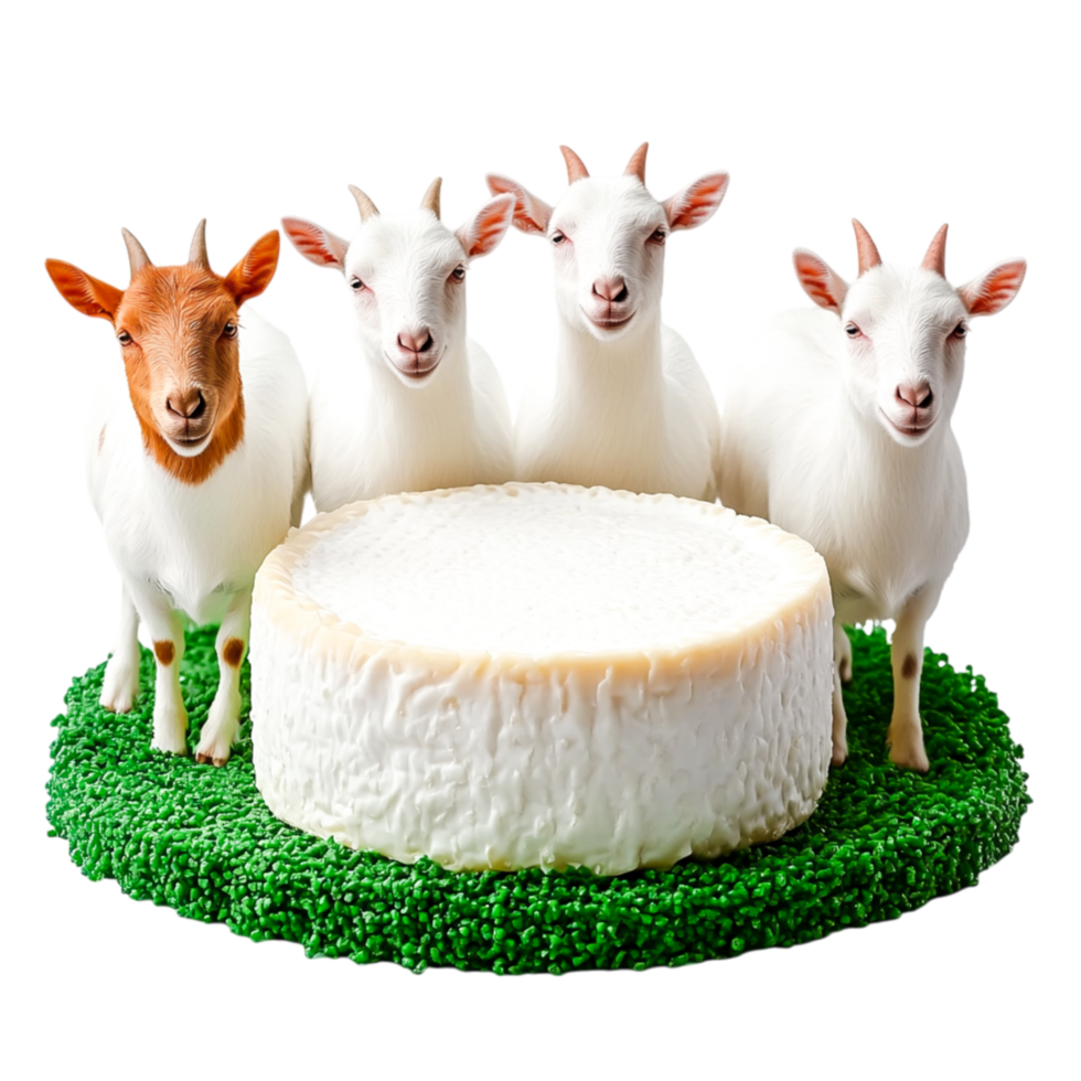 Playful Goat Figurines Surrounding Round Cheese on Grass Mat png