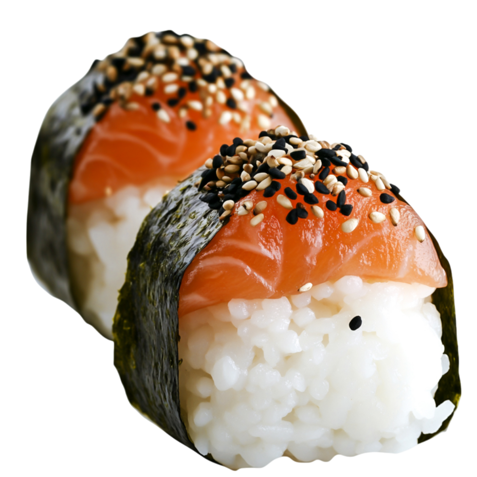 Delicious sushi with salmnd sesame seeds on rice in seaweed wrap png
