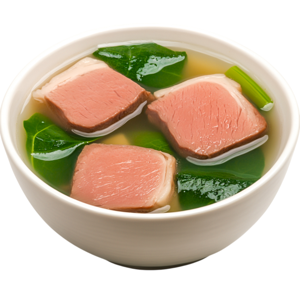Freshly Prepared Soup with Tender Meat and Green Leaves in White Bowl png