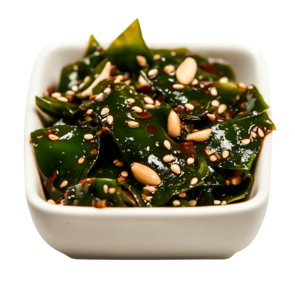 Fresh Seaweed Salad with Sesame and Seeds in White Bowl png