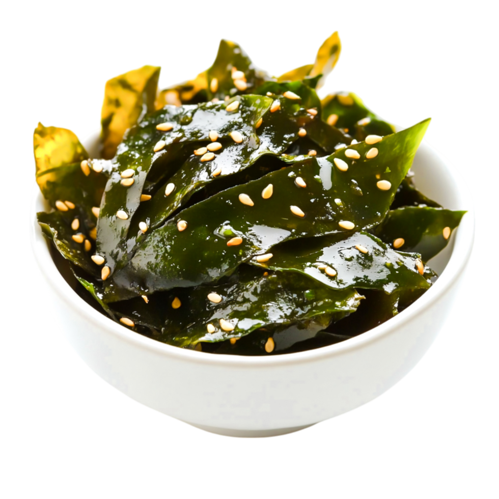 Fresh Seaweed Salad with Sesame Seeds in a White Bowl on png
