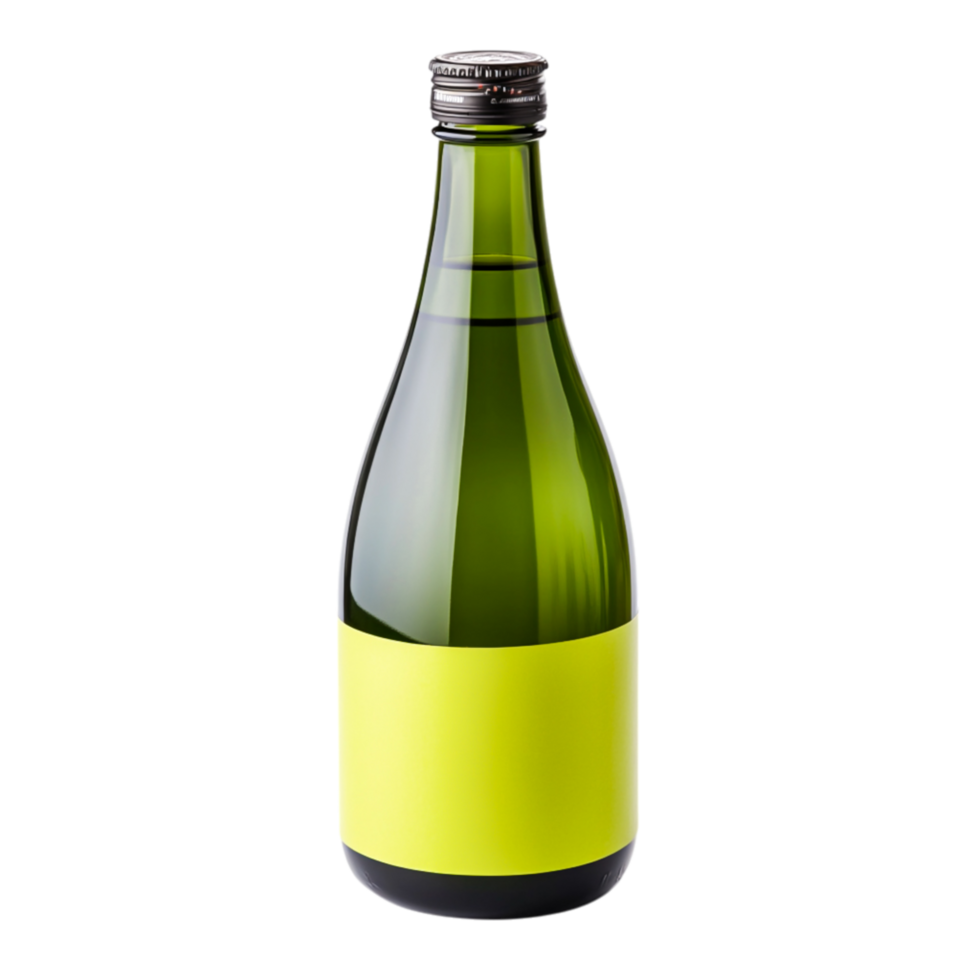 Green Glass Bottle with Yellow Label Ready for Product Branding Display png