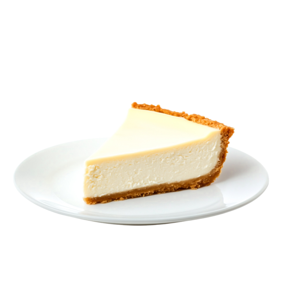 Creamy Cheesecake Slice on White Plate with Golden Crust and Smooth Texture png