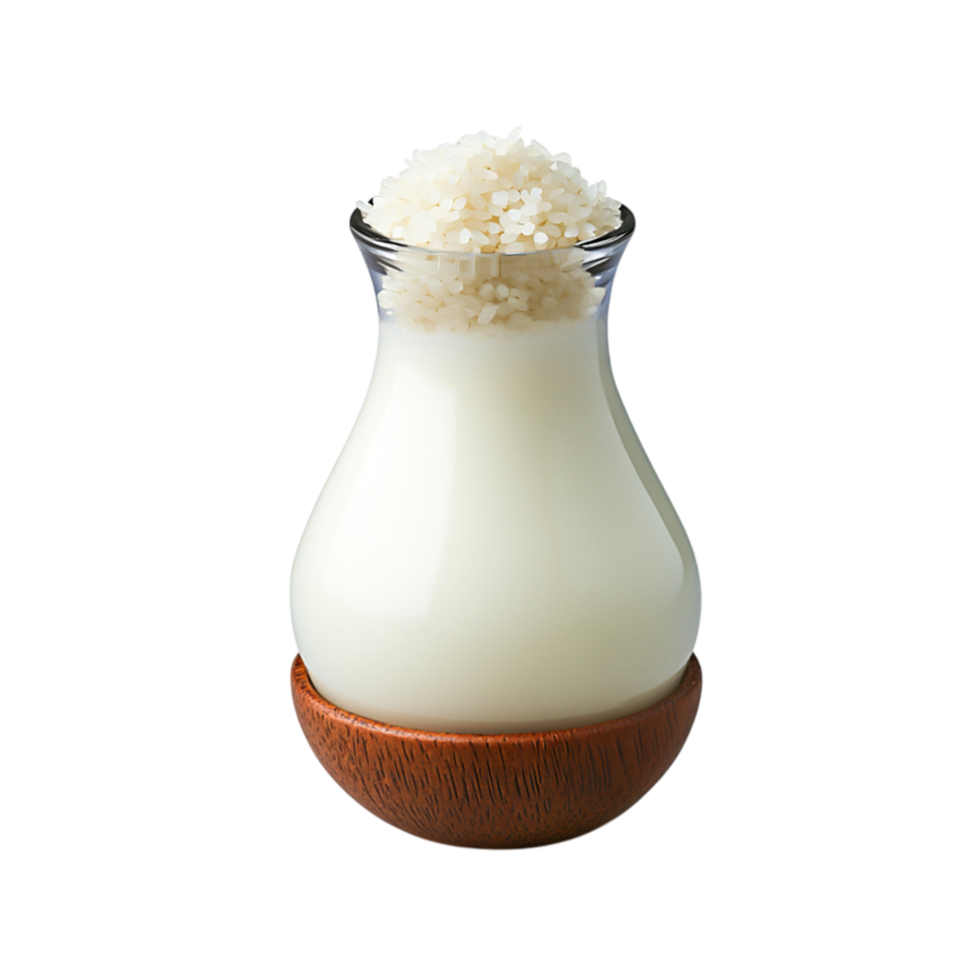 Creamy Rice Milk in Glass Bottle with Wooden Base for Culinary Use png
